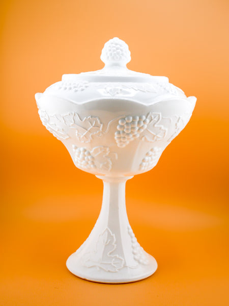Milk Glass Grape Compote with Lid — Westmoreland Glass (1950s–1960s)