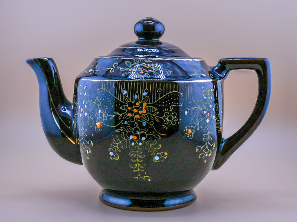 Dark Brown Lusterware Floral Teapot — Made in Japan (1930s–1940s)